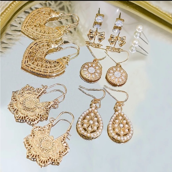 8 Pairs Boho Gold Pearl Drop Earrings Set - Picture 3 of 7